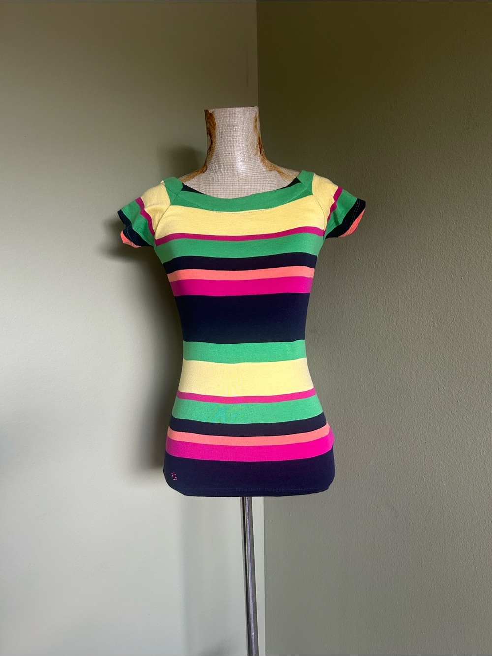New Ralph Lauren Cap-Sleeve Striped Top in Green, Yellow, Pink, Navy PXS